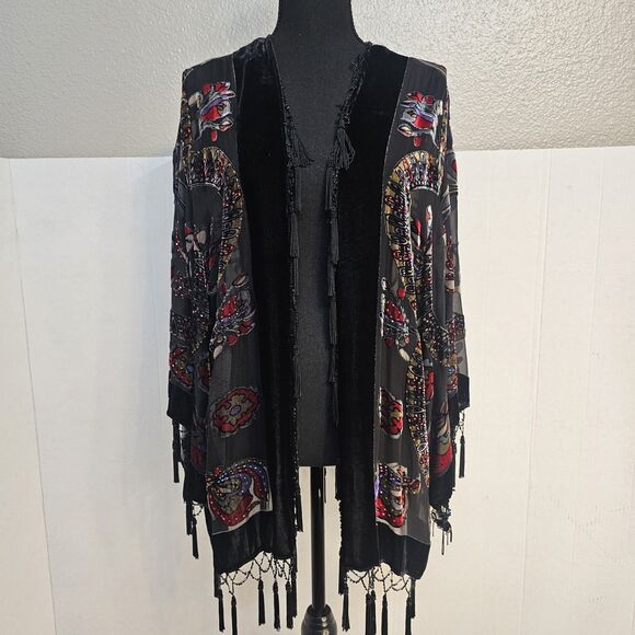 JBS LTD Vintage Kimono Velvet Burnout Sz 3X Fringe Beaded Bohemian Festival W486 - Picture 1 of 10